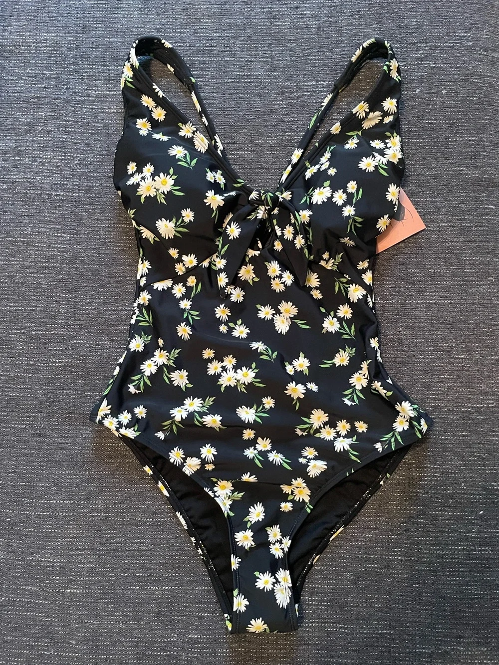 Black Daisy One-Piece Swimsuit with Front Tie